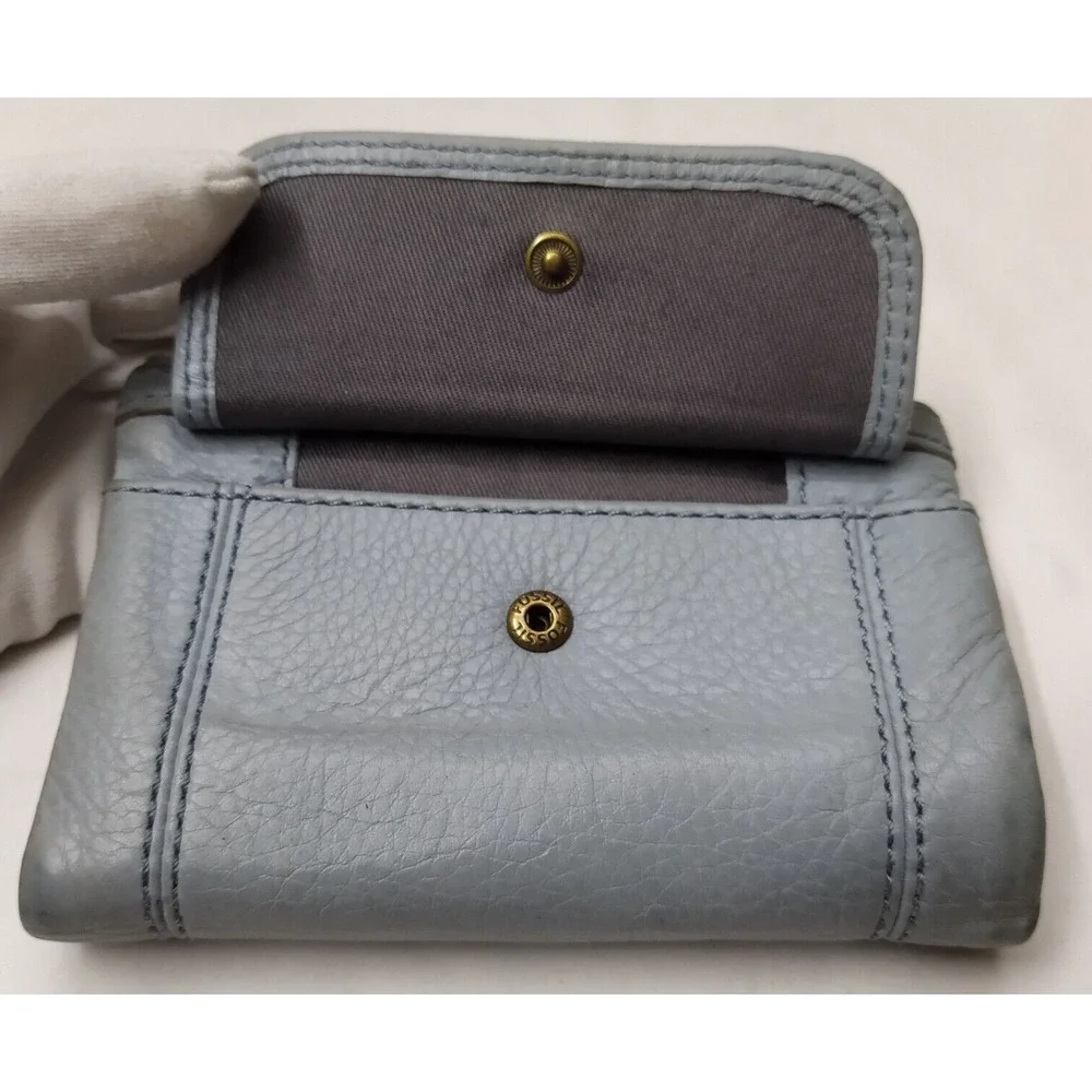 Fossil Blue Leather Zipper Pocket Credit Card Bifold Wallet